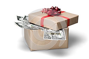 Gift box with banknote of dollars on background