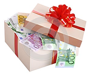 Gift box with banknote of euro.