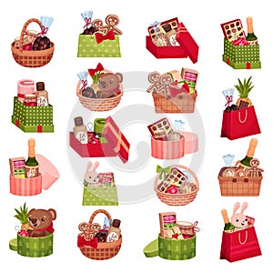 Gift Box and Basket Full of Stuff and Goodie Big Vector Set photo