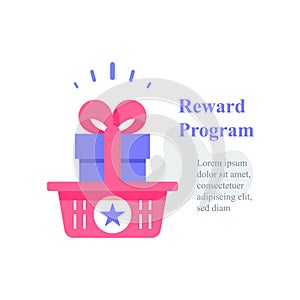 Gift box in basket, reward program, loyalty present, incentive concept, earn points, redeem gift