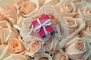 Gift box on beautiful roses background