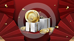 Gift box with bitcoin on red background. Surprise inside open money box with bitcoin. Cryptocurrency symbol