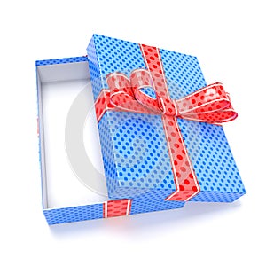 Gift box. Blue box with red ribbon bow. 3d rendering illustration