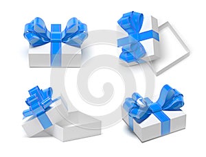 Gift box with blue decoration ribbon. Male style. 3d rendering illustration