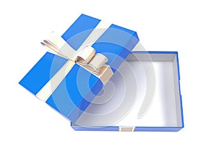 Gift box. Blue empty box with a bow. 3d rendering illustration