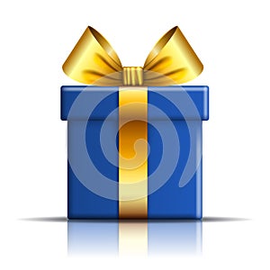 Gift box blue icon. Open surprise present template, gold ribbon bow, isolated white background. 3D decoration for