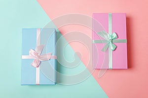 Gift box on blue and pink background