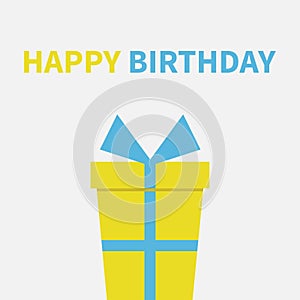 Gift box with blue ribbon and bow. Present giftbox. Happy Birthday greeting card. White background. Isolated. Flat design.