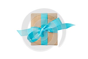 Gift box with blue ribbon isolated on white background. holiday concept you you design. top view