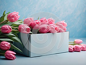 Gift box and bouquet of pink tulips. Generated with AI