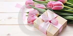 Gift box with a bouquet of pink tulips. Postcard template Mother\'s Day, International Women\'s Day