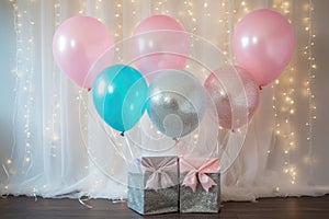 Gift Box With Bow and Balloons for Celebrations, Birthdays, and Special Occasions, gender reveal balloons and glitter invitation