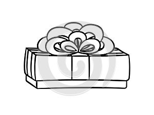 Gift box with bow cartoon. Christmas or birthday present illustration outline.