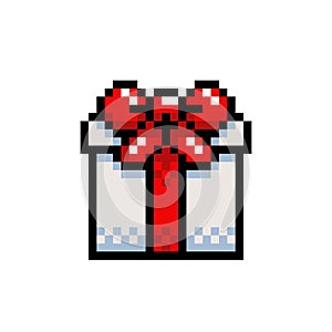 Gift box with bow and ribbon icon in pixel art design. Christmas and New Year, birthday, Vector sign isolated on white