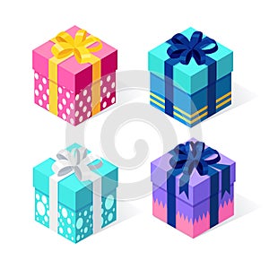 Gift box with bow, ribbon isolated on white background. 3d isometric red package, surprise. Sale, shopping. Holiday, christmas,