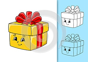 Gift box with bow and ribbons. Set of vector illustrations isolated on white and colored background. Design element. Black stroke