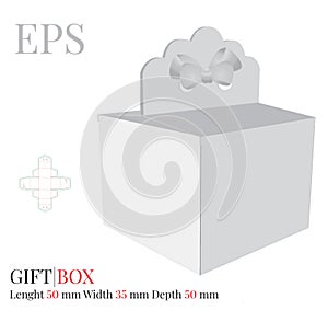 Gift Box with Bow Template, Vector with die cut / laser cut layers. Delivery Cake Box, White, blank Self lock Box mock up