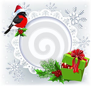 Gift box and bullfinch in Santa Claus hat with Christmas decoration round frame