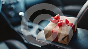 Gift Box on a Car Seat, Concept of Surprise and Generosity. Generative ai