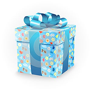 Gift box with childhood elements: bicycle, flowers, balloons, boat, heart, sun, clouds and ribbon bow.