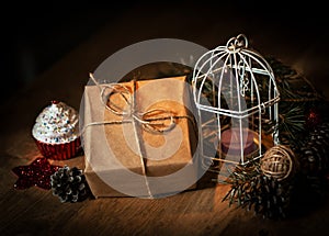 Gift box on Christmas background .photo with copy space