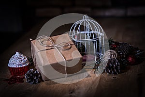 Gift box on Christmas background .photo with copy space