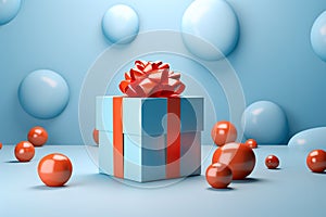 Gift box. Christmas present. Blue gift box with red bow and many different abstract balls on blue background. AI