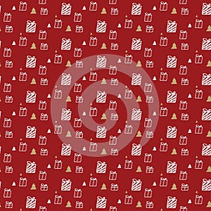 Gift box and Christmas tree pattern on red background