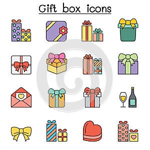 Gift box color line icon set