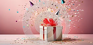 Gift box with colorful confetti and ribbons on pink background