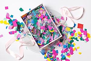 A gift box with colorful confetti. The view from the top. Close-up