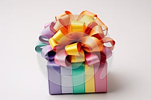 Gift box with colorful ranbow ribbons on white background photo