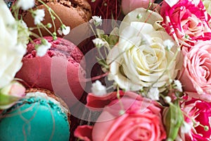 Gift Box of Colourful Macaron with Flowers