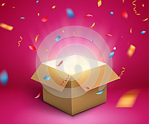 Gift box confetti explosion. Magic open surprise gift box package decoration