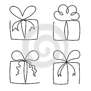 Gift box continuous line vector illustration set - various hand drawn editable outline present packages.