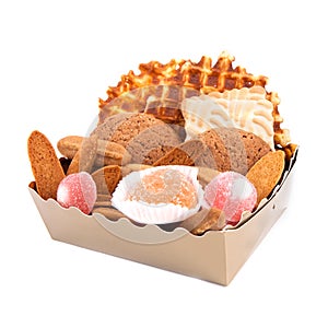 Gift box with cookies and fruit candy isolated