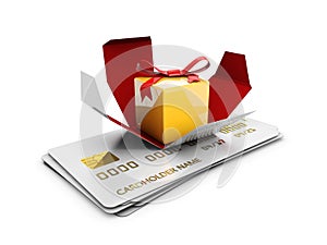 A Gift Box on the credit cards, Special Discount template. 3d Illustration