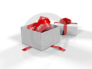 gift box, cubes with the image of percent on a white background, 3d renderer,