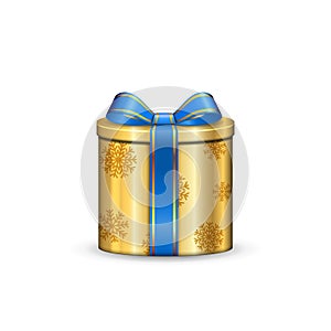 Gift box 3d, blue ribbon bow Isolated white background. Decoration present gold gift-box for Happy holiday, birthday