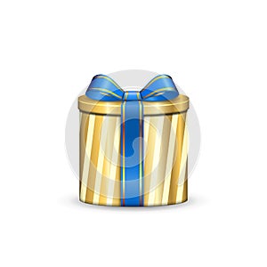 Gift box 3d, blue ribbon bow Isolated white background. Decoration present gold gift-box for Happy holiday, birthday