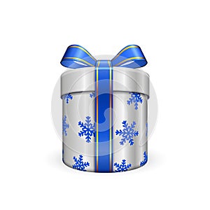 Gift box 3d, blue ribbon bow Isolated white background. Decoration present silver gift-box for Happy holiday, birthday