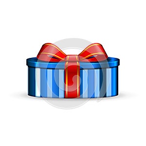 Gift box 3d, red ribbon bow Isolated white background. Decoration present blue gift-box for Happy holiday, birthday