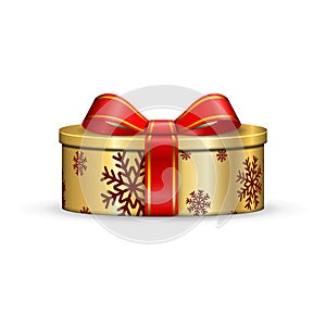 Gift box 3d, red ribbon bow Isolated white background. Decoration present gold gift-box for Happy holiday, birthday