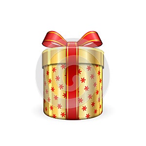 Gift box 3d, red ribbon bow Isolated white background. Decoration present gold gift-box for Happy holiday, birthday