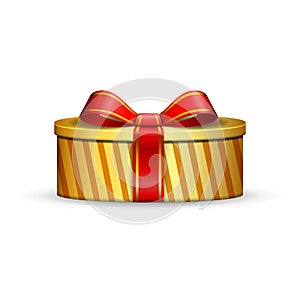 Gift box 3d, red ribbon bow Isolated white background. Decoration present gold gift-box for Happy holiday, birthday