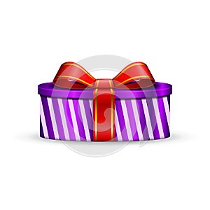 Gift box 3d, red ribbon bow Isolated white background. Decoration present purple gift-box for Happy holiday, birthday