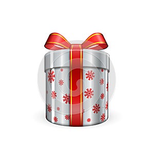 Gift box 3d, red ribbon bow Isolated white background. Decoration present silver gift-box for Happy holiday, birthday