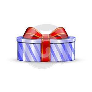 Gift box 3d, red ribbon bow Isolated white background. Decoration present silver gift-box for Happy holiday, birthday