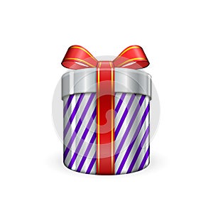 Gift box 3d, red ribbon bow Isolated white background. Decoration present silver gift-box for Happy holiday, birthday