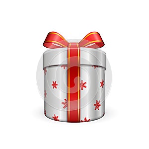 Gift box 3d, red ribbon bow Isolated white background. Decoration present silver gift-box for Happy holiday, birthday